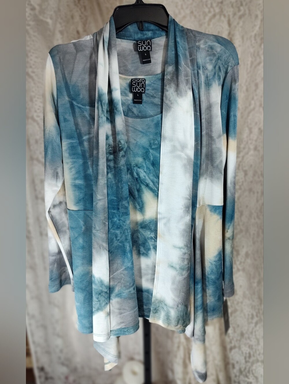 Clara Sun Woo Blue Tie-Dye Open Front Cardigan Jacket